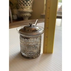 Vintage Silver Quadruple Plated Mustard Condiment Salt, Glass Insert, Lid Spoon